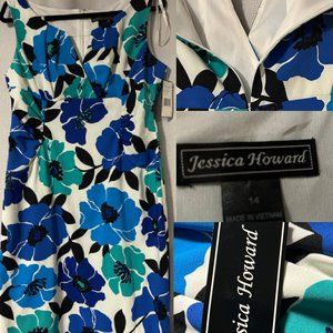 Jessica Howard Empire Waist Floral Knee-Length Surplice Top Rouched Dress Sz 14
